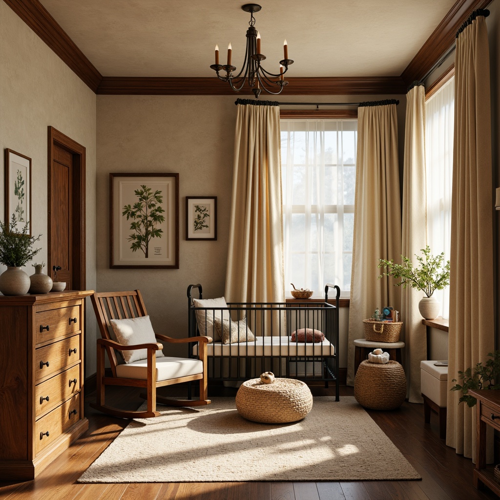 Prompt: Cozy nursery, warm beige walls, rich wood tones, vintage furniture, ornate metalwork, plush area rugs, soft cream curtains, natural textiles, woven baskets, wooden rocking chair, distressed finishes, earthy color palette, nature-inspired accents, botanical prints, framed family photos, elegant chandelier, warm task lighting, 3/4 composition, shallow depth of field, realistic textures.