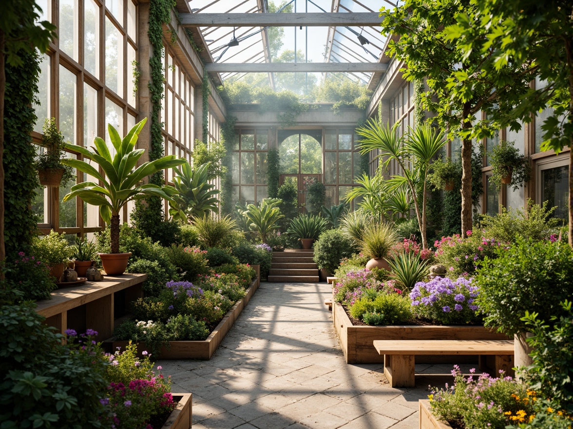 Prompt: Vibrant botanical greenhouse, lush green foliage, exotic flower arrangements, warm natural light, earthy terracotta pots, rustic wooden planters, colorful glass accents, iridescent mosaic tiles, soft pastel hues, whimsical garden ornaments, delicate metal trellises, tropical palm trees, misty atmospheric effects, shallow depth of field, 1/2 composition, realistic textures, ambient occlusion.