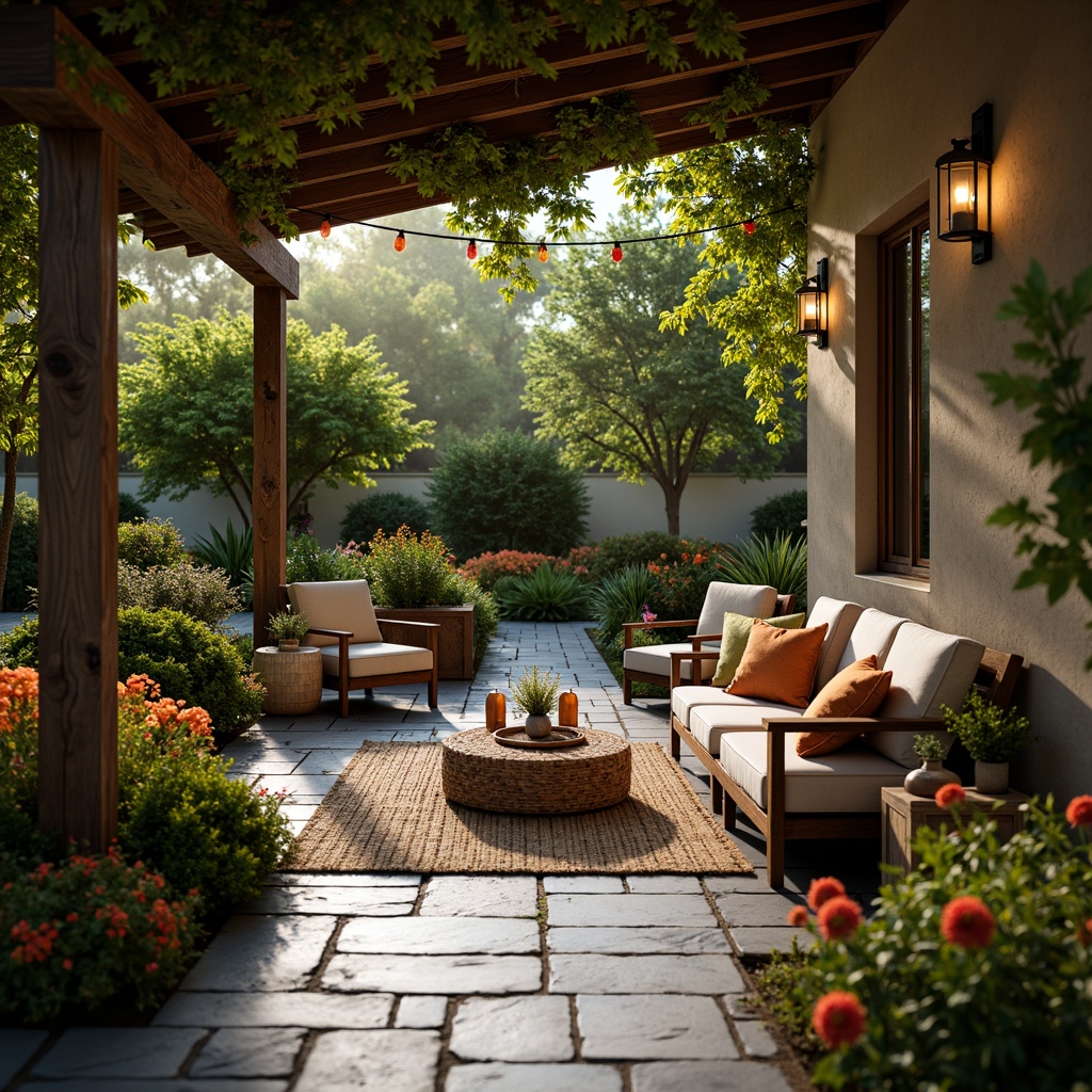 Prompt: Cozy patio, natural stone flooring, lush greenery, blooming flowers, comfortable outdoor furniture, soft cushions, vibrant throw pillows, warm string lighting, lanterns, wooden accents, rustic metal decor, woven textiles, earthy color palette, serene ambiance, shallow depth of field, 1/1 composition, panoramic view, realistic textures, ambient occlusion.