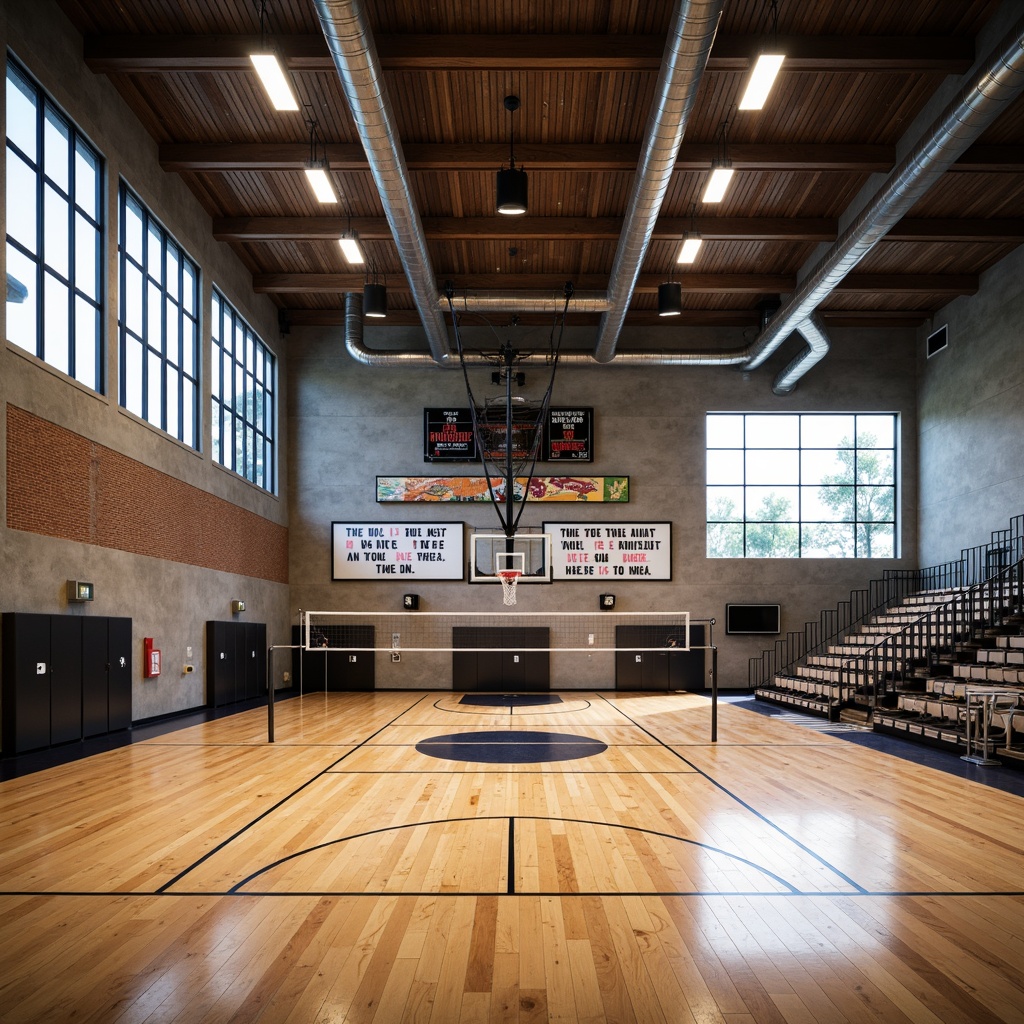 Prompt: Modern gymnasium interior, high ceilings, polished wood flooring, athletic equipment, basketball hoops, volleyball nets, spectator seating, motivational quotes, inspirational posters, large windows, natural daylight, LED sports lighting, suspended metal fixtures, industrial design, exposed ductwork, concrete walls, metallic accents, dynamic shadows, warm color tones, dramatic contrast, shallow depth of field, 2/3 composition, realistic textures.