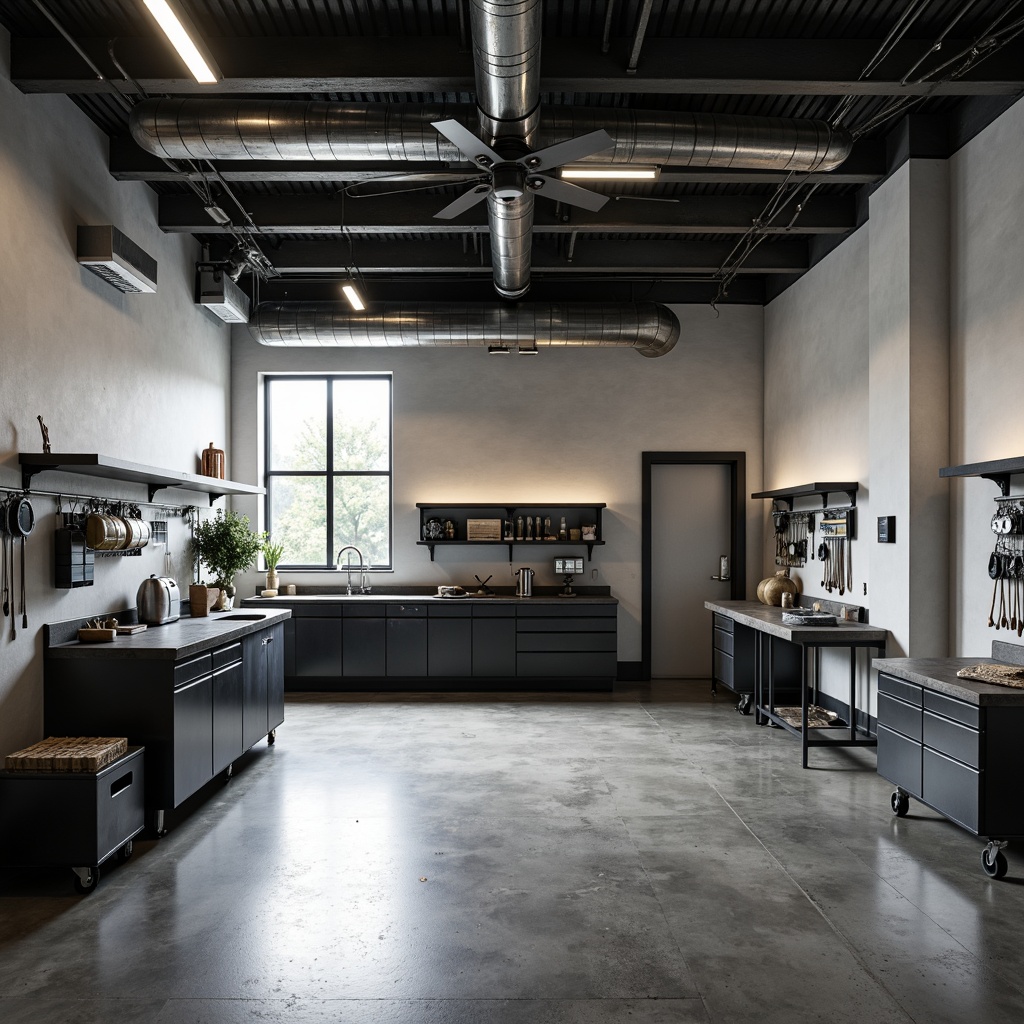 Prompt: Industrial chic garage, polished concrete floors, exposed ductwork, minimalist decor, sleek metal accents, monochromatic color scheme, overhead lighting, functional workstations, tool organizers, epoxy-coated surfaces, matte finish, neutral tones, subtle textures, open layout, natural light pouring in, 1/1 composition, shallow depth of field.