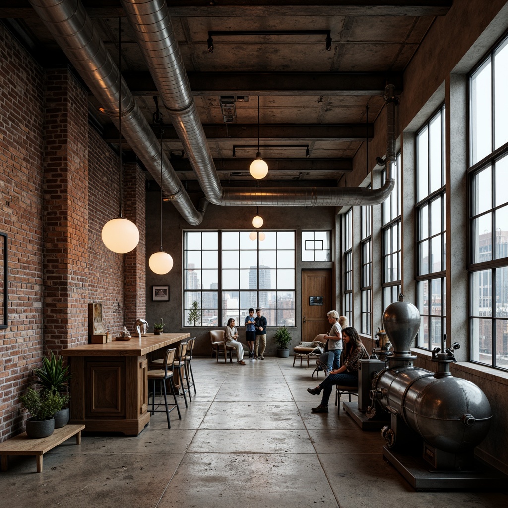 Prompt: Exposed brick walls, metal beams, reclaimed wood flooring, industrial-style lighting fixtures, distressed concrete textures, modern minimalist decor, urban cityscape views, overcast skies, soft diffused lighting, shallow depth of field, 2/3 composition, atmospheric perspective, realistic metallic reflections, detailed rusty bolts, aged copper pipes, functional machinery parts, vintage factory equipment.