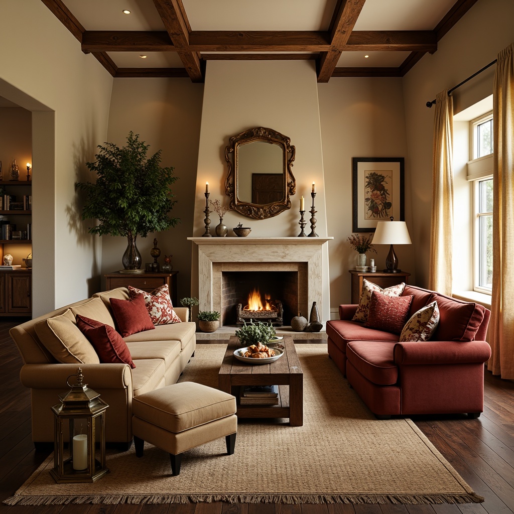 Prompt: Cozy traditional living room, warm earthy tones, plush velvet fabrics, soft woven wool rugs, comfortable oversized furniture, classic rolled-arm sofas, vintage armchairs, distressed wood coffee tables, ornate metal lanterns, rich jewel-toned accent pillows, subtle floral patterns, natural linen drapes, warm beige walls, rustic wooden floors, soft golden lighting, inviting atmosphere, 1/2 composition, realistic textures, ambient occlusion.