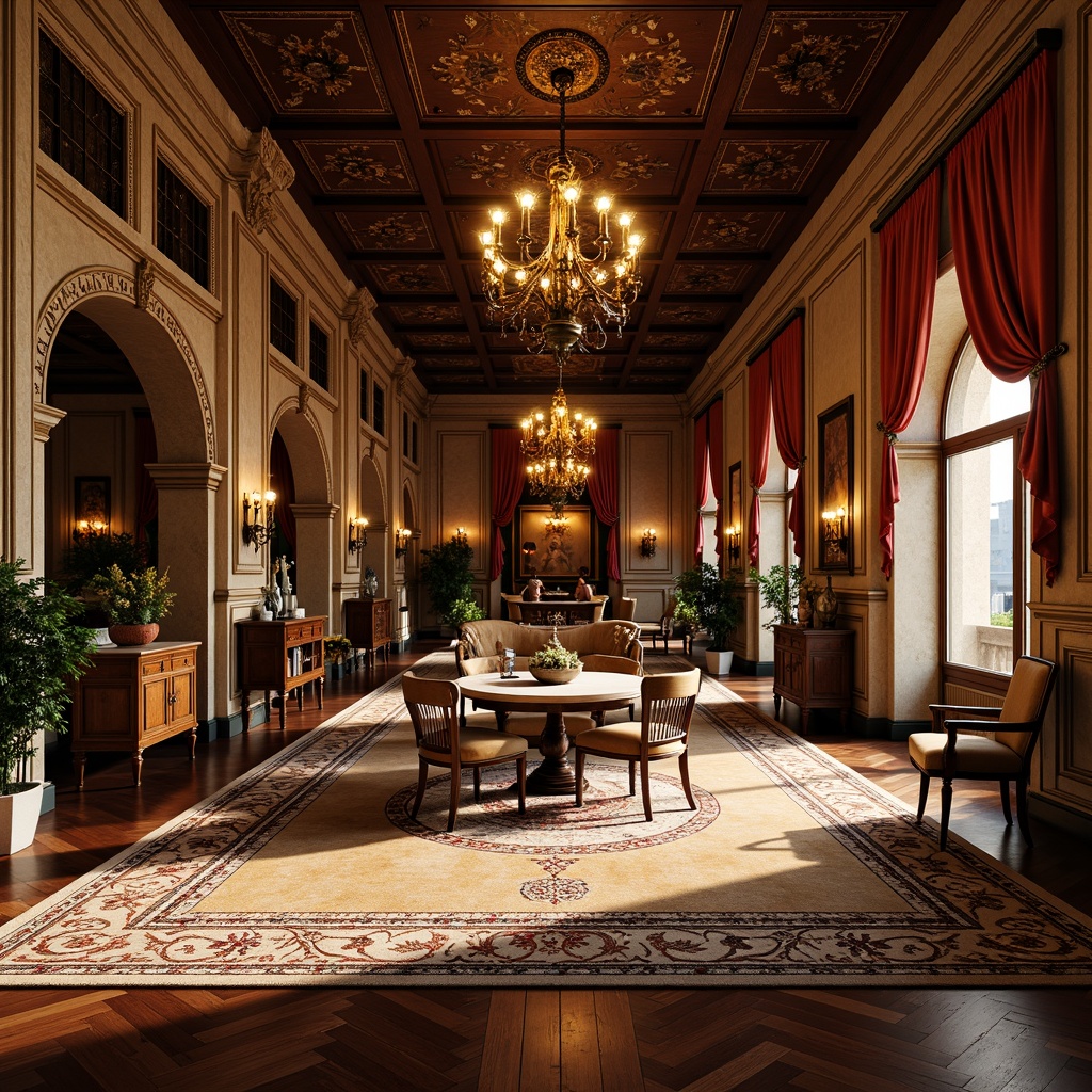 Prompt: Luxurious Renaissance-style mansion, ornate wooden floors, intricately inlaid marble tiles, richly patterned rugs, warm golden lighting, high ceilings, grand chandeliers, elegant furnishings, sophisticated color palette, lavish decor, detailed moldings, carved wooden accents, polished stone surfaces, rustic brick walls, vintage tapestries, dramatic drapery, 1/2 composition, soft focus, warm color tones, realistic textures.