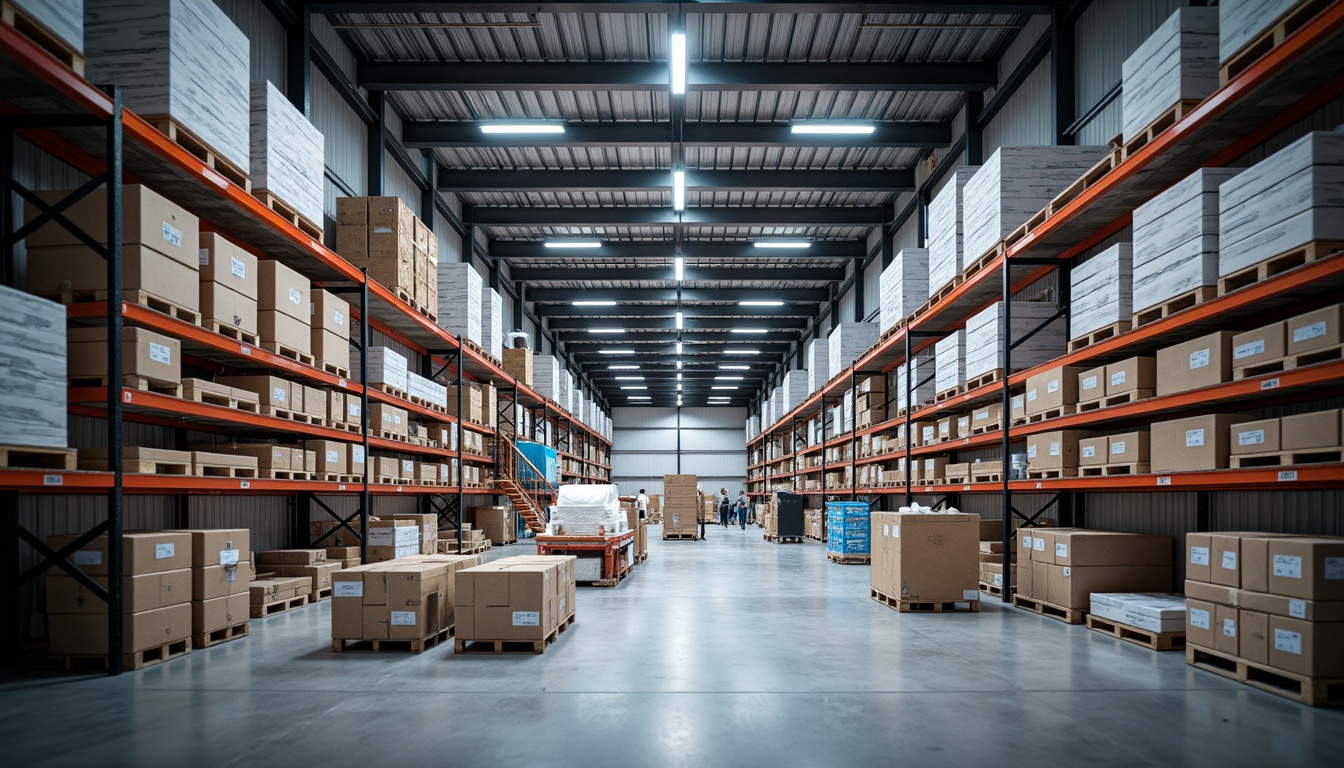 Prompt: Modern warehouse interior, industrial shelving units, metallic storage racks, automated retrieval systems, efficient inventory management, organized product categorization, bright LED lighting, polished concrete floors, sleek steel beams, functional decor, urban industrial aesthetic, shallow depth of field, 1/1 composition, realistic textures, ambient occlusion.