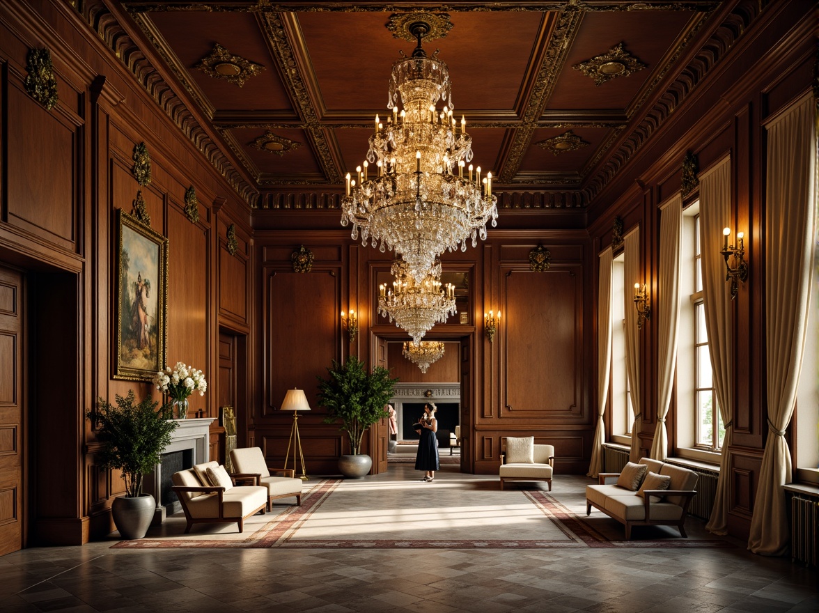 Prompt: Elegant chandeliers, ornate metalwork, crystal droplets, soft warm glow, grand ballrooms, high ceilings, marble floors, luxurious fabrics, rich wood tones, antique furnishings, refined classicism style, sophisticated decor, subtle shading, gentle highlights, 1/1 composition, realistic reflections, ambient occlusion.