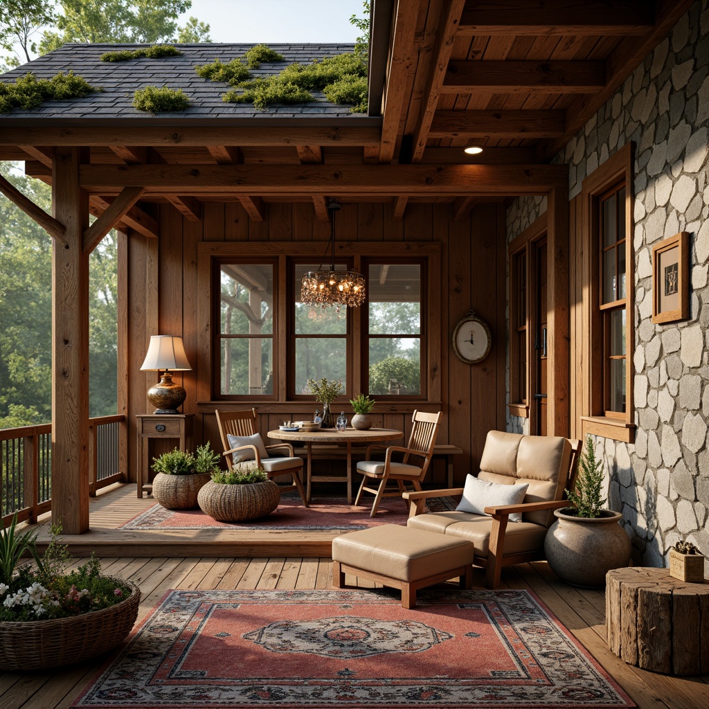 Prompt: Rustic craftsman-style cabin, wooden accents, natural stone walls, earthy color palette, rich wood grain textures, distressed metal fixtures, vintage decorative items, warm cozy lighting, shallow depth of field, 1/1 composition, realistic material rendering, ambient occlusion, moss-covered roofs, overhanging eaves, ornate wooden trims, copper accents, leather-bound furniture, woven wicker baskets, natural fiber rugs, soft warm color tones, early morning sunlight.