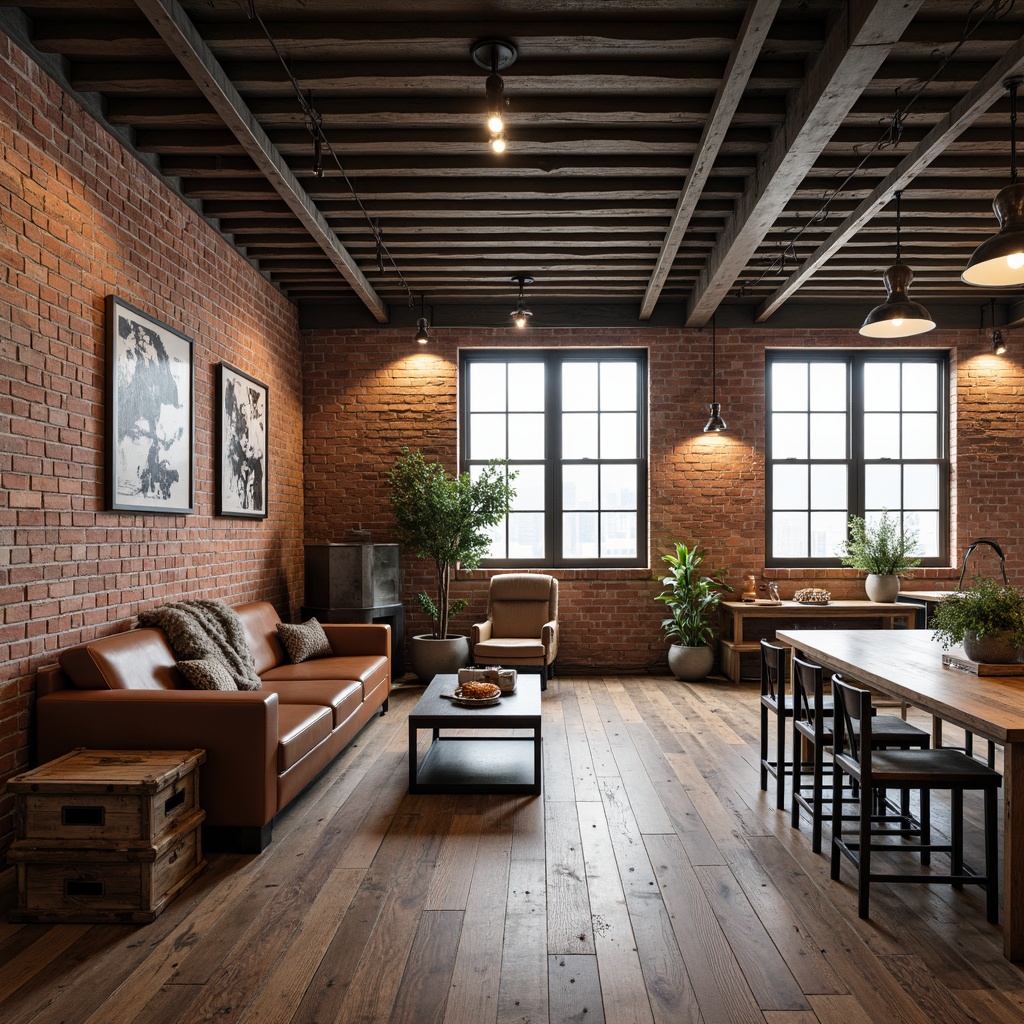 Prompt: Exposed brick walls, metal beams, reclaimed wood floors, industrial-chic lighting fixtures, distressed leather sofas, vintage metal chairs, wooden crates, concrete tables, minimalist decor, urban loft atmosphere, natural light pouring in, high ceilings, open spaces, functional furniture, metallic accents, Edison bulbs, rough-textured fabrics, worn wood tones, architectural details, bold color schemes, abstract artwork, industrial-themed accessories.