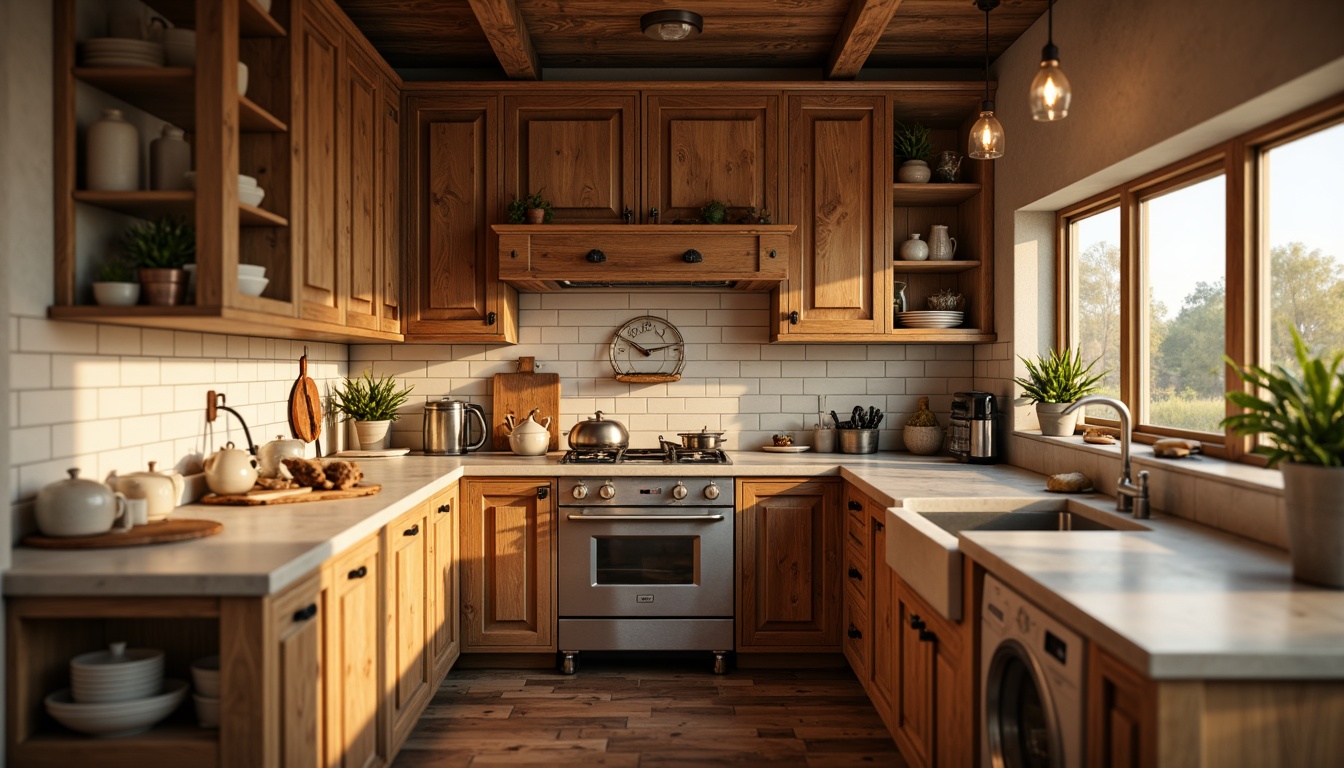 Prompt: Warm kitchen, rustic wooden cabinets, earthy tones, soft cream accents, warm beige countertops, distressed finishes, vintage metal hardware, natural stone backsplashes, rich wood flooring, cozy pendant lighting, warm golden undertones, soft morning light, shallow depth of field, 2/3 composition, inviting atmosphere, realistic textures, ambient occlusion.