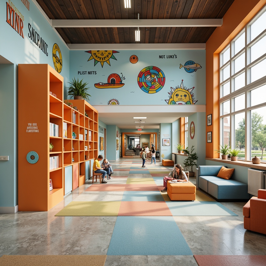 Prompt: Vibrant youth center, playful murals, bright primary colors, energetic atmosphere, wooden accents, soft pastel shades, whimsical patterns, educational signage, interactive exhibits, cozy reading nooks, natural light, warm beige tones, calming blue hues, stimulating orange accents, dynamic geometric shapes, creative workstations, inspirational quotes, modern minimalist furniture, flexible modular layouts, collaborative learning spaces, fun recreational areas, lively corridor connections, engaging community zones.