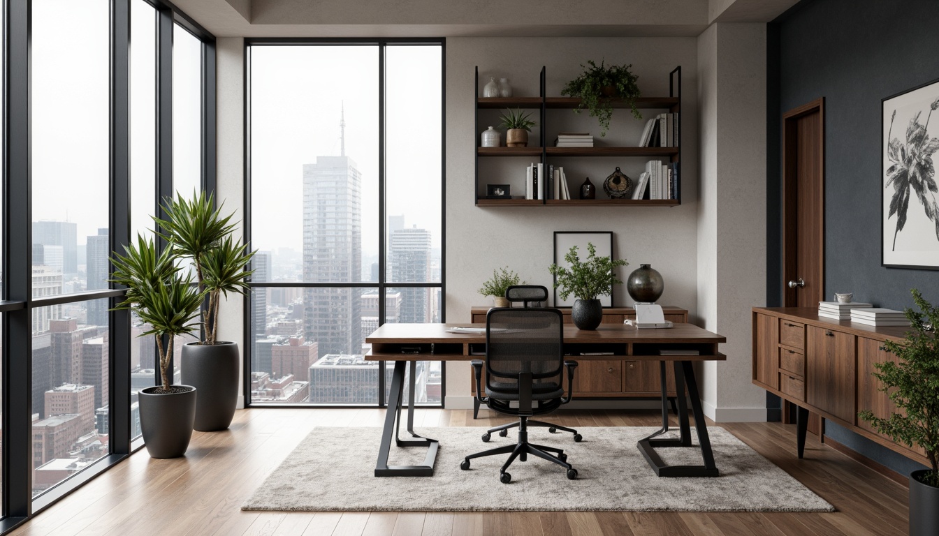 Prompt: Modern home office, sleek minimalist desk, ergonomic chair, adjustable height, breathable mesh fabric, built-in cable management, wall-mounted shelving, geometric metal frames, industrial-chic decor, monochromatic color scheme, plenty of natural light, floor-to-ceiling windows, cityscape views, 1/1 composition, softbox lighting, realistic wood textures, ambient occlusion.