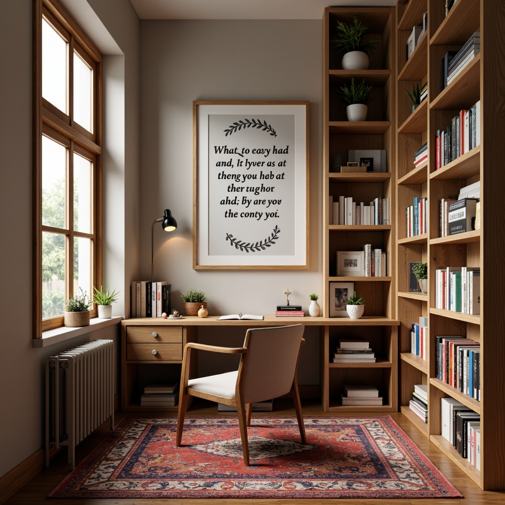 Prompt: Cozy study nook, wooden desk, comfortable chair, vibrant colorful rug, motivational quotes, inspiring artwork, shelves with favorite books, fun stationery, natural wood accents, warm soft lighting, 1/1 composition, shallow depth of field, realistic textures, ambient occlusion.