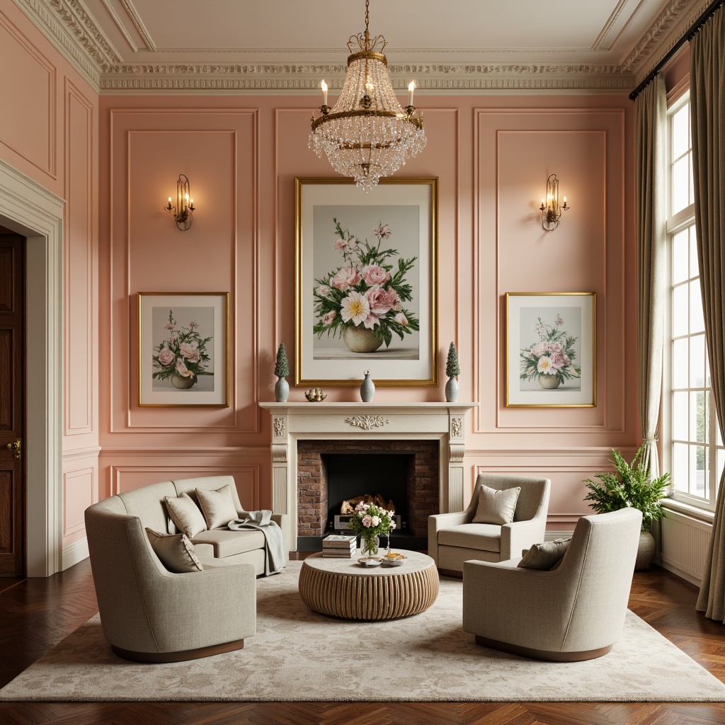 Prompt: Soft peach walls, creamy white trim, warm beige furniture, rich walnut wood accents, ornate golden frames, delicate porcelain vases, pastel-hued still-life paintings, elegant crystal chandeliers, plush velvet drapes, subtle sheen fabrics, muted sage greenery, softbox lighting, shallow depth of field, 2/3 composition, intimate atmosphere, realistic textures, ambient occlusion.