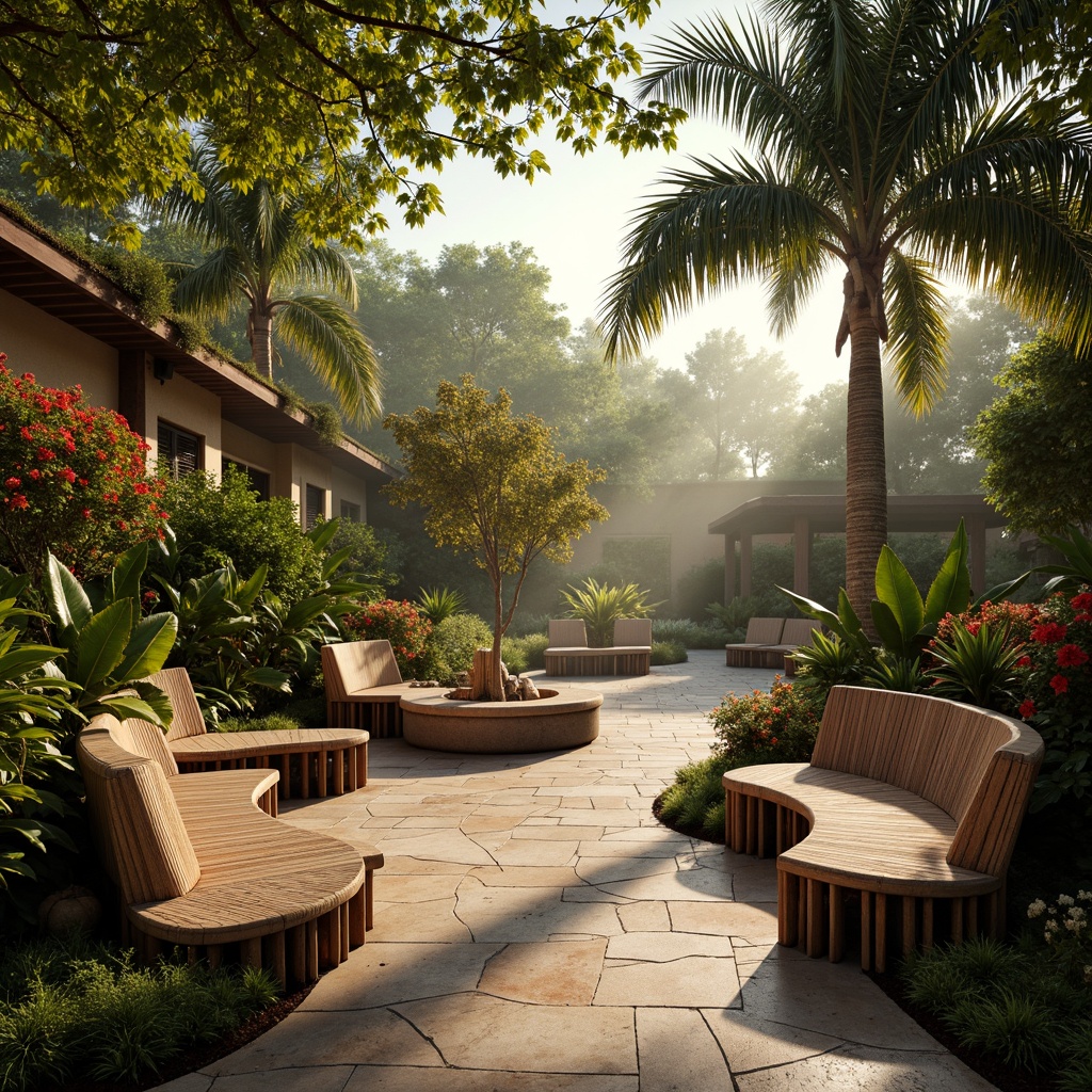 Prompt: Lush tropical vegetation, curved wooden benches, natural stone seating areas, acoustic shell design, resonant sound waves, warm golden lighting, misty morning atmosphere, exotic palm trees, vibrant flower arrangements, organic shapes, earthy color palette, woven rattan textures, rustic wood accents, subtle water features, soft breeze sounds, 3/4 composition, panoramic view, realistic foliage rendering, ambient occlusion.