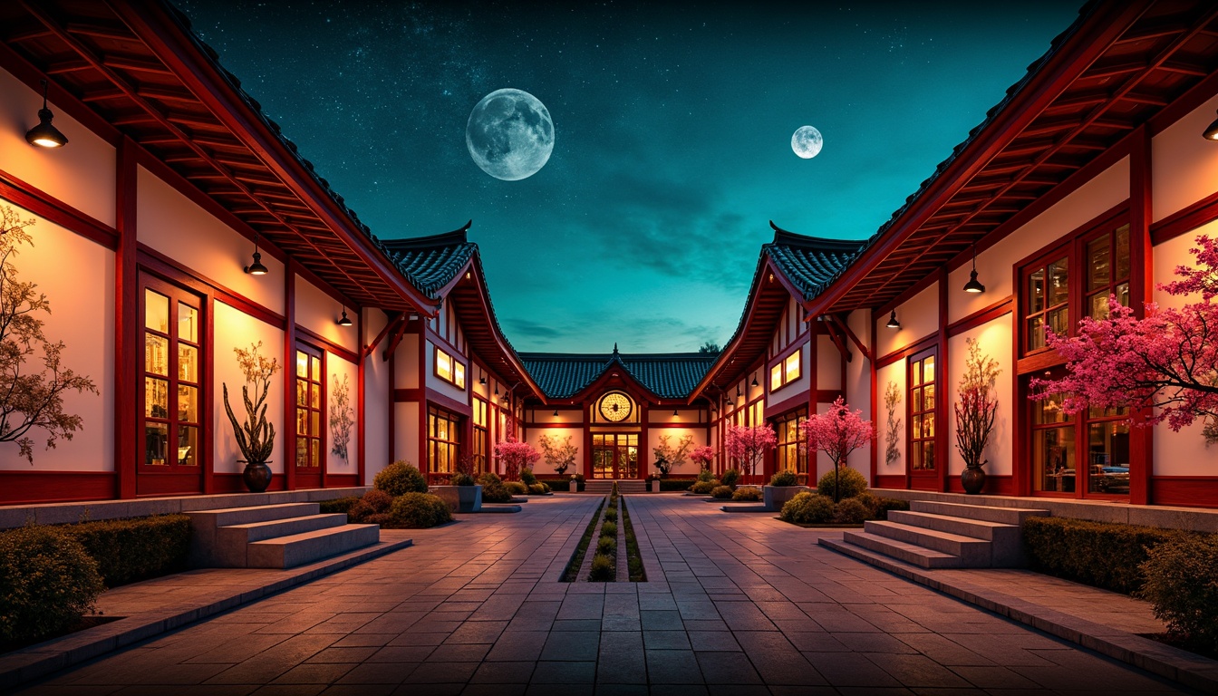 Prompt: Vibrant crimson red accents, deep indigo night skies, warm golden lantern lighting, rich turquoise celestial bodies, soft misty atmospheric effects, intricate hand-painted murals, traditional Asian-inspired architecture, curved tile roofs, ornate wooden furnishings, delicate cherry blossom patterns, subtle gradient transitions, cinematic depth of field, 1/1 composition, realistic starry night sky, ambient occlusion.