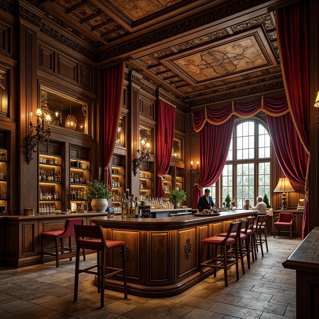 Prompt: Rustic wooden bar counter, ornate carvings, gilded accents, velvet drapes, rich wood tones, stone floors, grand chandeliers, luxurious upholstery, intricate moldings, Renaissance-inspired patterns, warm golden lighting, shallow depth of field, 1/1 composition, realistic textures, ambient occlusion.