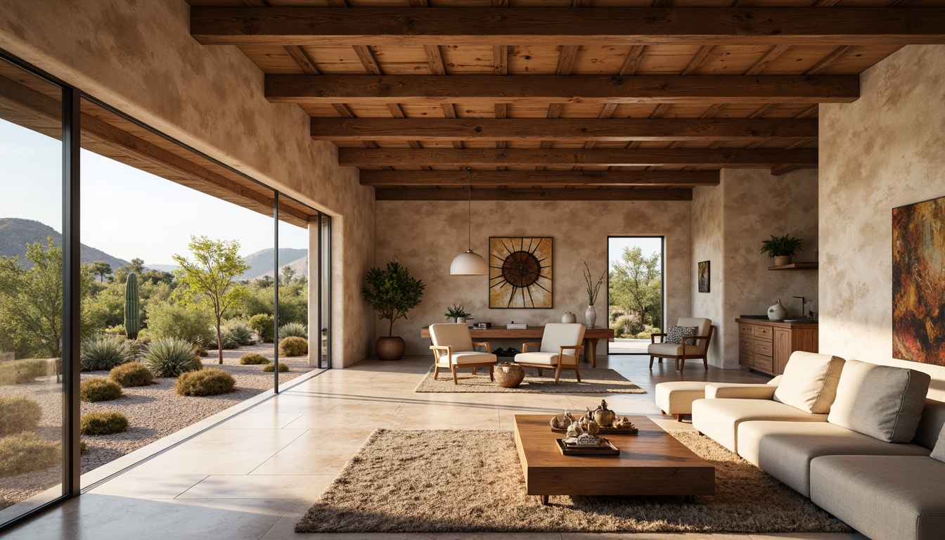 Prompt: Open floor plan, Southwestern style, earthy tones, adobe-inspired walls, wooden beams, natural stone floors, spacious living areas, minimalist decor, comfortable seating, plush area rugs, large windows, sliding glass doors, panoramic views, desert landscape, cacti plants, sunny day, warm lighting, shallow depth of field, 3/4 composition, realistic textures, ambient occlusion.