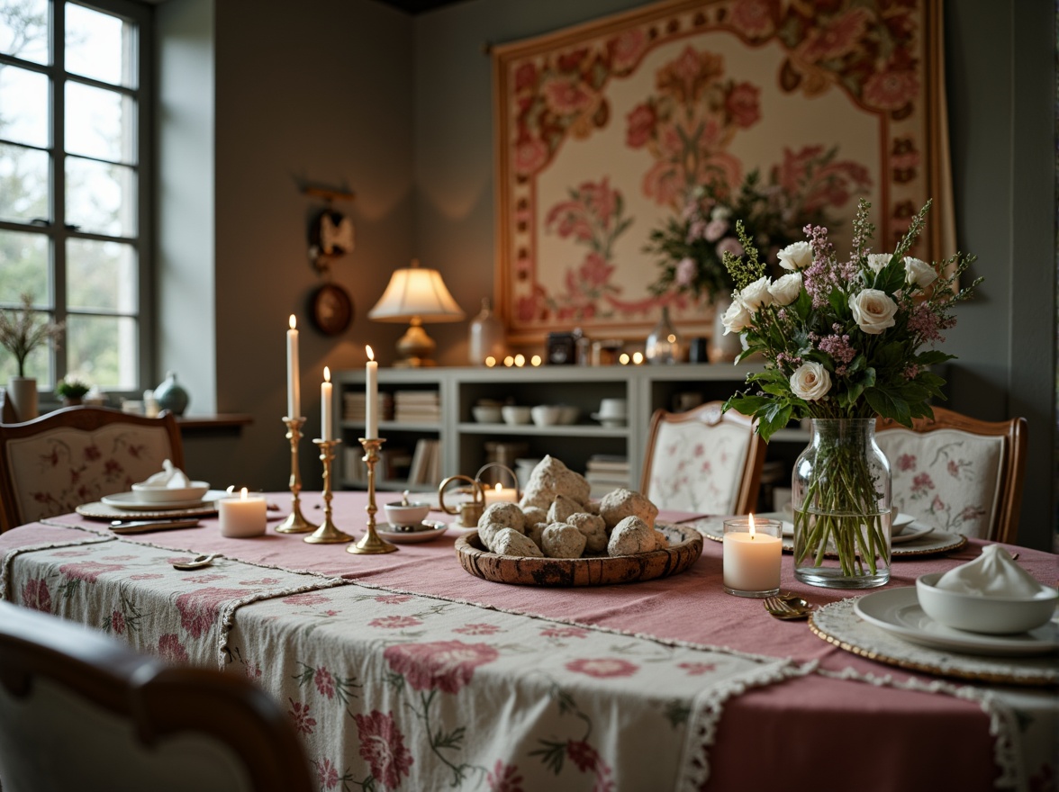 Prompt: Distressed velvet fabrics, soft pastel hues, vintage floral patterns, lace trimmings, frayed edges, linen textiles, rustic burlap, worn leather accents, faded denim, ornate brocade, antique tapestries, distressed wood furniture, muted color palette, warm candlelight, soft focus, shallow depth of field, 1/1 composition, romantic ambiance.