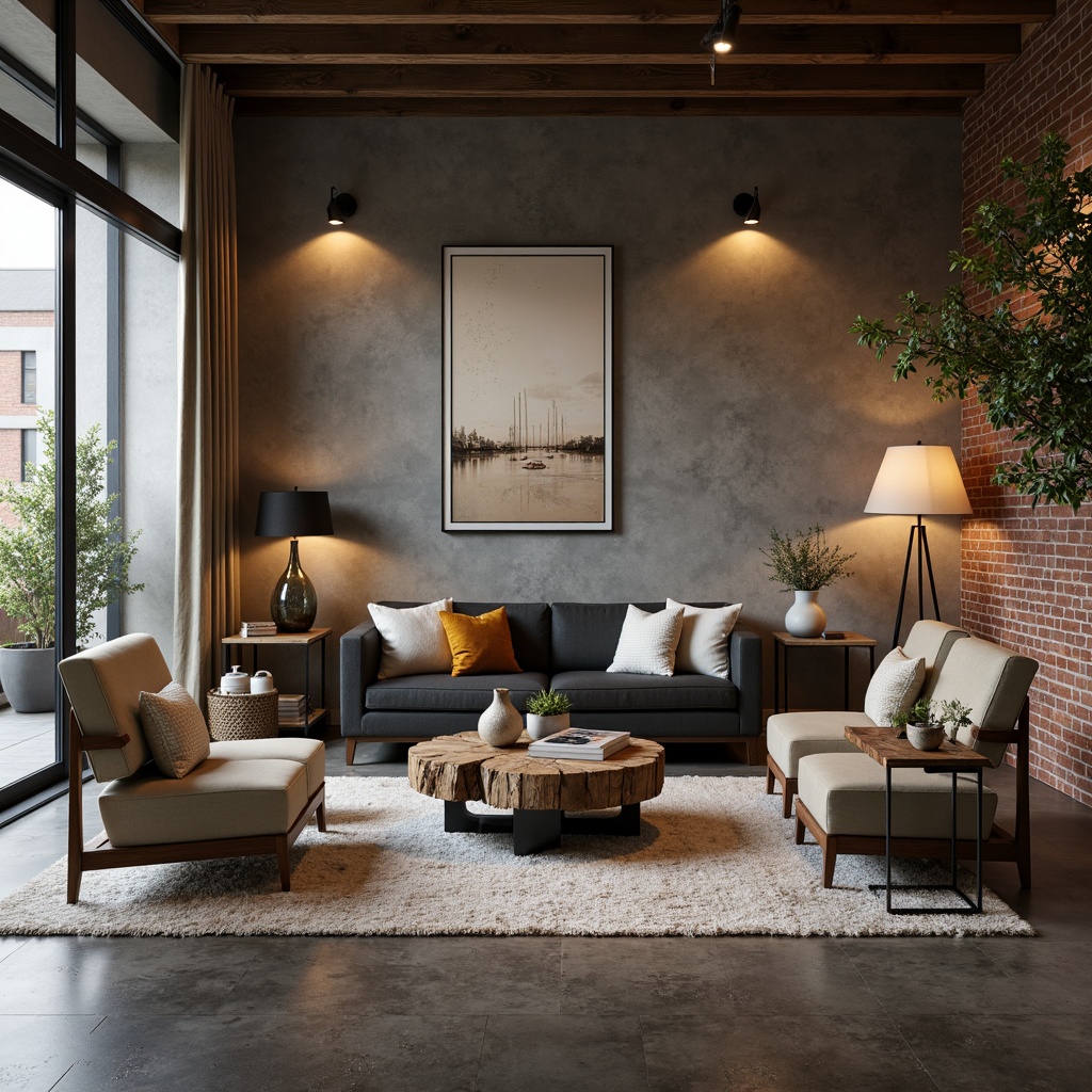 Prompt: Modern living room, sleek low-profile sofa, tufted velvet armchairs, reclaimed wood coffee table, minimalist metal legs, industrial-chic decor, exposed brick walls, polished concrete floors, natural textiles, ambient floor lamps, warm cozy lighting, shallow depth of field, 1/1 composition, soft focus, realistic materials, subtle color palette.