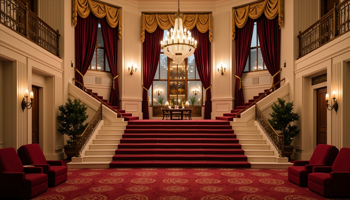 Prompt: Rich velvet fabrics, warm golden accents, ornate Baroque details, grand chandeliers, red carpeted stairs, intricate moldings, soft cream walls, luxurious satin drapes, crystal beaded chandeliers, ornamental metalwork, subtle Art Deco patterns, plush crimson seating, dramatic spotlights, 3/4 composition, shallow depth of field, warm golden lighting, realistic textures, ambient occlusion.