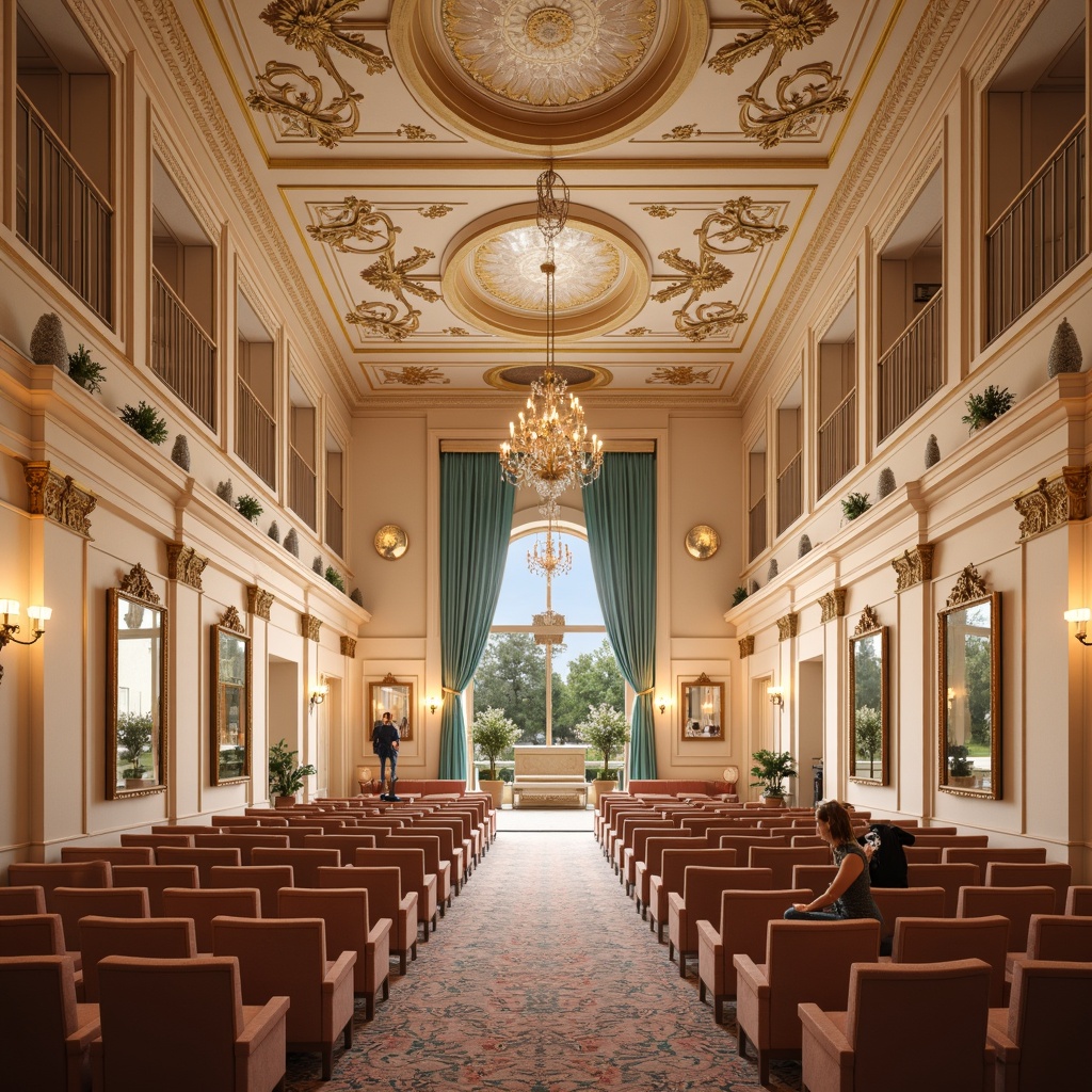 Prompt: Luxurious auditorium, ornate golden details, soft creamy walls, rich velvet curtains, intricate wooden carvings, crystal chandeliers, pastel color scheme, pale pink accents, delicate turquoise highlights, lavish furnishings, gilded frames, ornamental mirrors, subtle sheen, warm candlelight, 1/1 composition, intimate atmosphere, realistic textures, ambient occlusion.