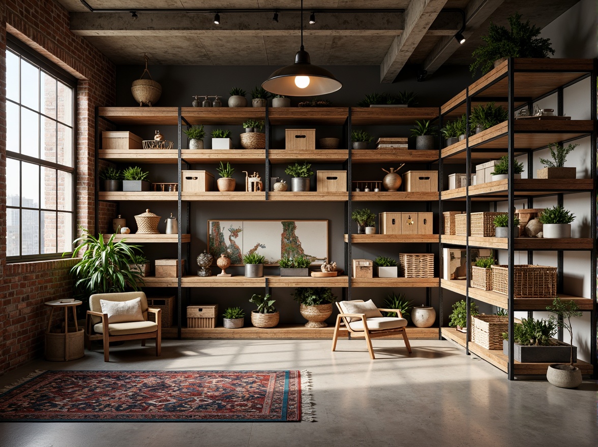 Prompt: Industrial-chic storage space, metal grid shelving, reclaimed wood accents, exposed brick walls, urban loft atmosphere, modern minimalist decor, functional display areas, decorative storage bins, woven baskets, geometric-patterned rugs, warm task lighting, shallow depth of field, 1/1 composition, soft natural textures, ambient occlusion.