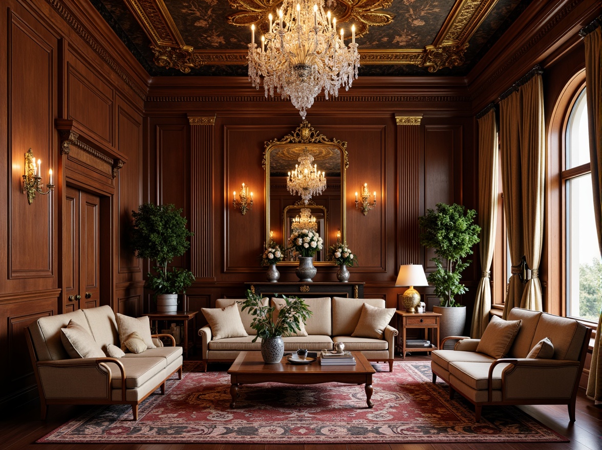 Prompt: Luxurious living room, rich wood paneling, ornate gold accents, velvet upholstery, crystal chandeliers, carved wooden furniture, intricate patterns, lavish textiles, regal color palette, opulent drapery, majestic archways, grandiose ceilings, warm ambient lighting, shallow depth of field, 1/1 composition, soft focus, realistic reflections.