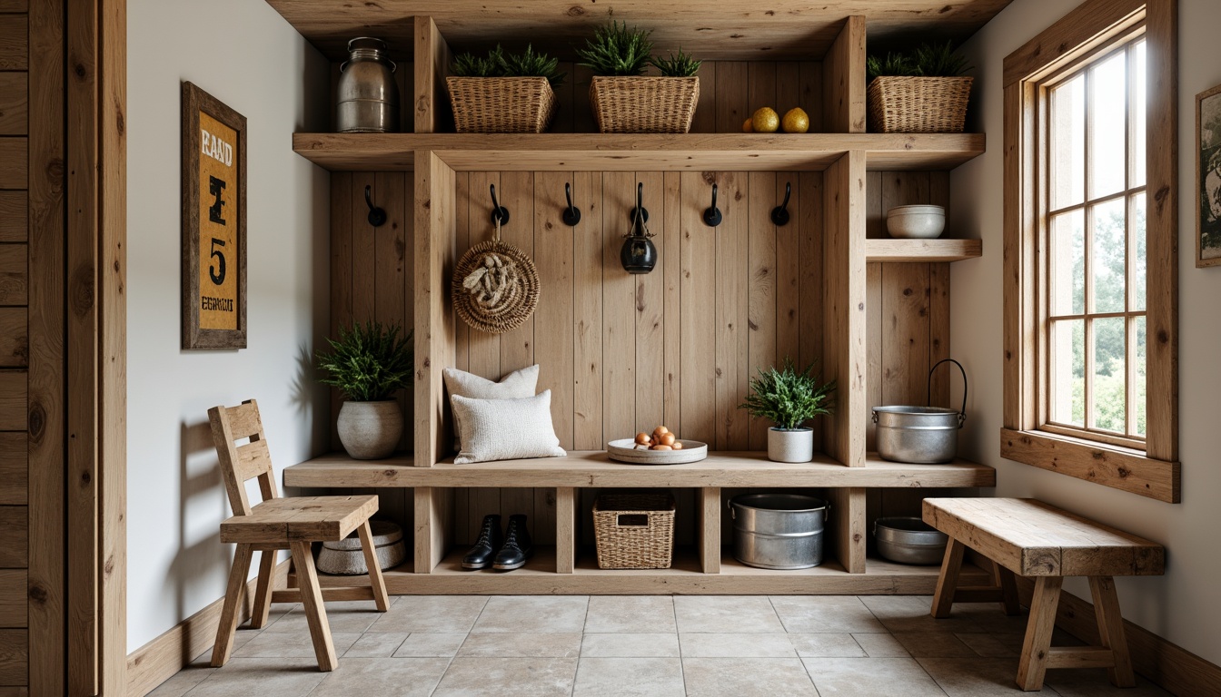 Prompt: Rustic farmhouse mudroom, wooden bench, woven baskets, vintage metal hooks, natural stone flooring, earthy color palette, distressed wood accents, industrial metal shelving, wicker storage bins, galvanized metal buckets, farmhouse-style signage, soft warm lighting, 1/1 composition, realistic textures, ambient occlusion.