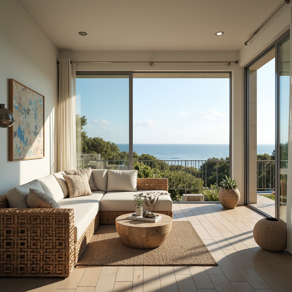 Prompt: Coastal cottage, large windows, sliding glass doors, sheer curtains, reflective white walls, natural linen upholstery, driftwood accents, ocean-inspired color palette, soft warm lighting, bright sunny day, gentle sea breeze, minimal obstructions, unobstructed views, panoramic coastal scenery, calming atmosphere, beachy vibe, distressed wood furniture, woven rattan decor, coral-inspired patterns, shells and pebbles decorative accents.