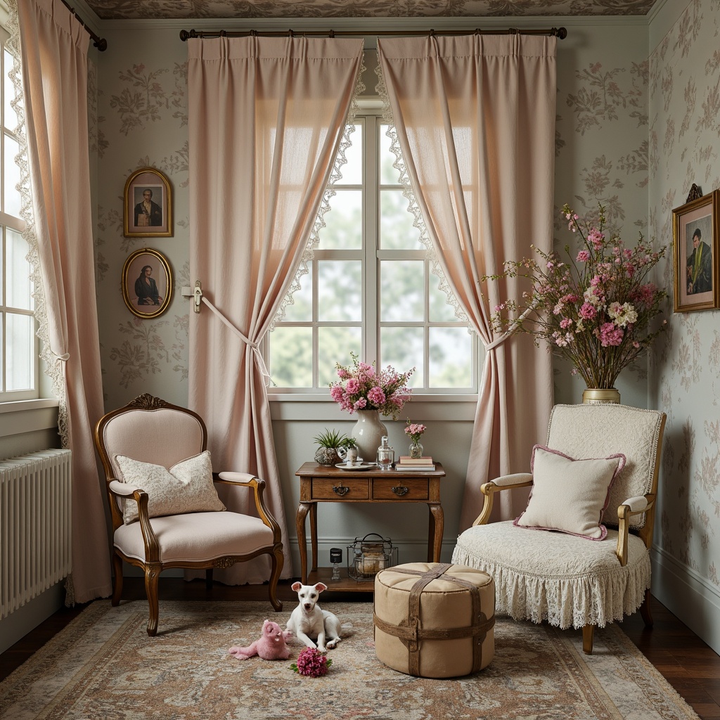 Prompt: Distressed vintage fabrics, soft pastel hues, romantic florals, lace trimmings, velvet textures, linen drapes, natural fiber upholstery, worn wood accents, antique furniture pieces, ornate metal details, feminine decorative accessories, rustic country charm, warm cozy atmosphere, softbox lighting, 1/1 composition, shallow depth of field, realistic textures.