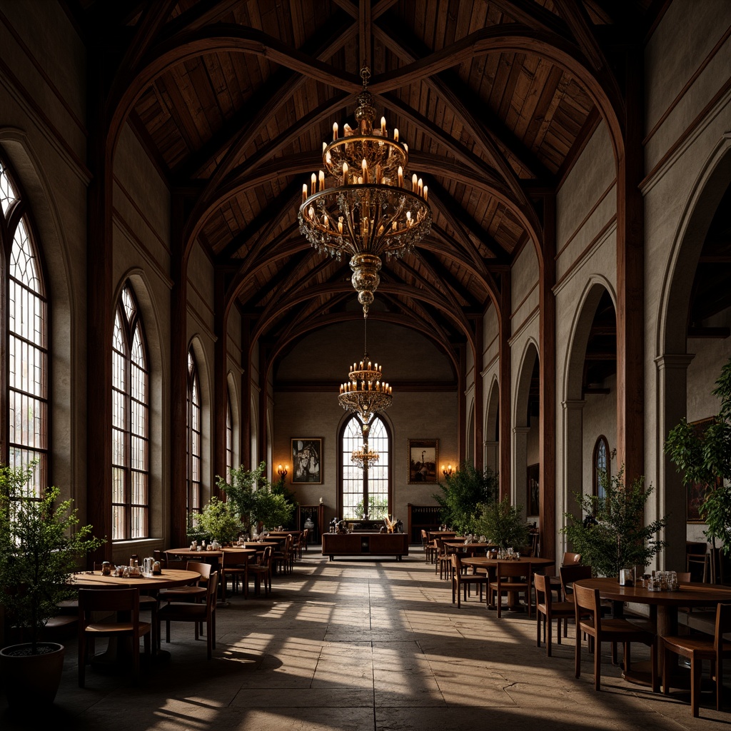 Prompt: Dark mysterious ambiance, vaulted ceilings, grandiose chandeliers, ornate wood carvings, stone walls, stained glass windows, intricate patterns, modern bamboo accents, sleek lines, minimalist decor, natural textures, earthy tones, warm soft lighting, subtle shading, 1/1 composition, atmospheric perspective, realistic materials, ambient occlusion.