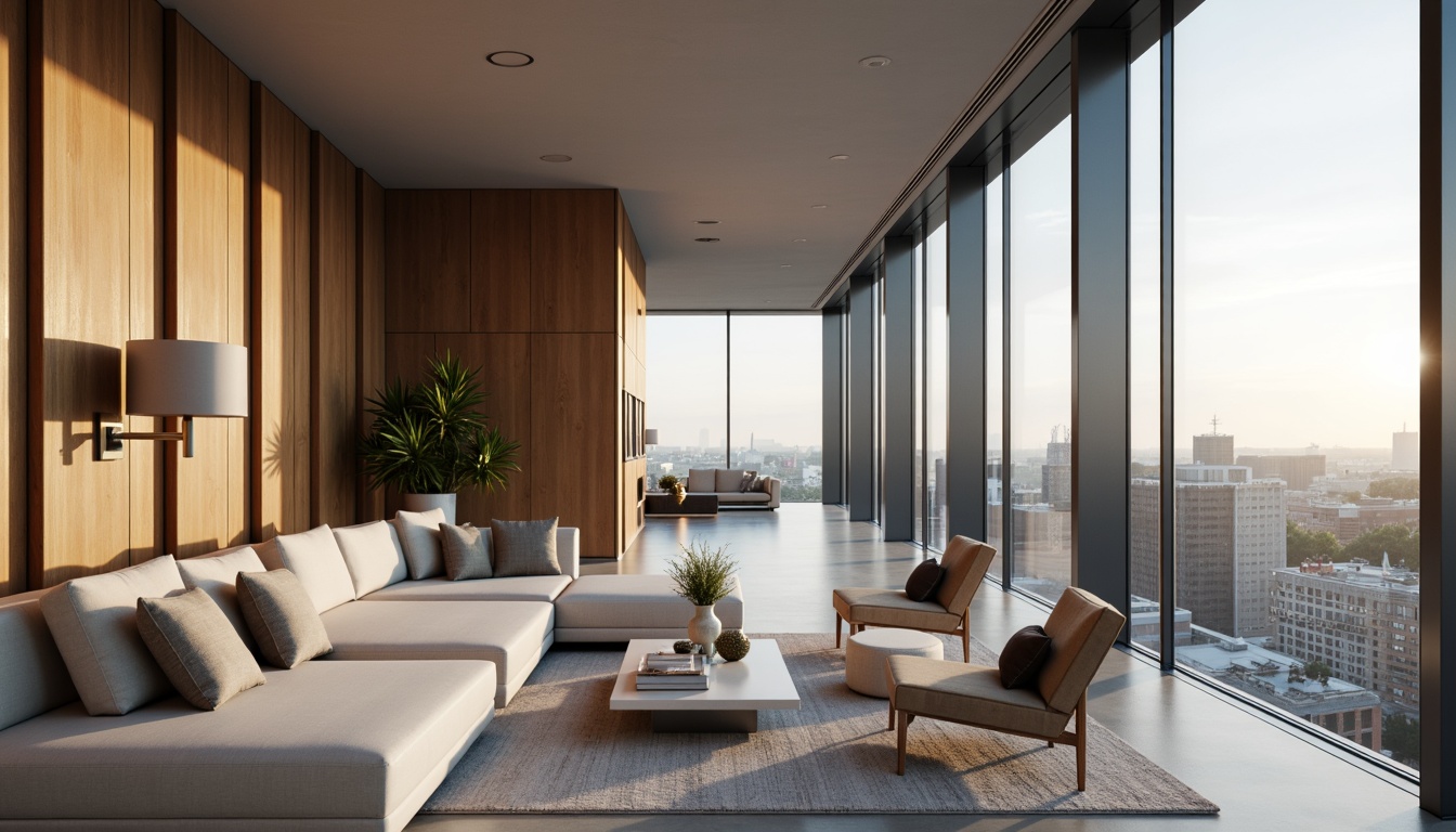 Prompt: Luxurious penthouse, modern minimalist design, sleek lines, floor-to-ceiling windows, panoramic city views, neutral color palette, cream walls, dark wood accents, metallic trim, velvet soft furnishings, ambient warm lighting, subtle texture variations, matte finish, sophisticated elegance, urban chic atmosphere, soft focus, shallow depth of field.