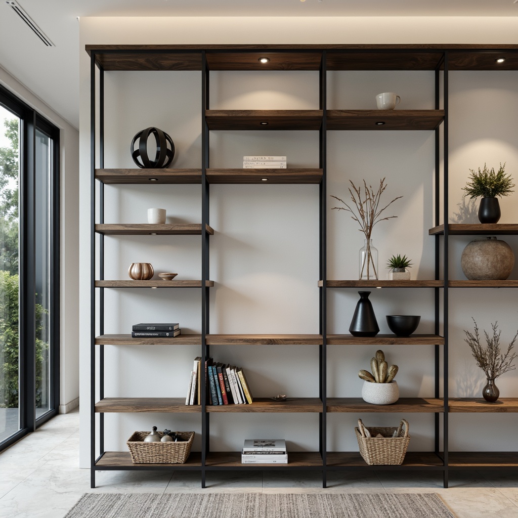 Prompt: Minimalist interior, sleek shelving units, industrial metal frames, reclaimed wood accents, monochromatic color scheme, Scandinavian-inspired design, sparse decorative elements, ample negative space, geometric-shaped shelves, hidden LED lighting, matte black hardware, smooth wooden textures, 1/1 composition, shallow depth of field, softbox lighting, realistic reflections.