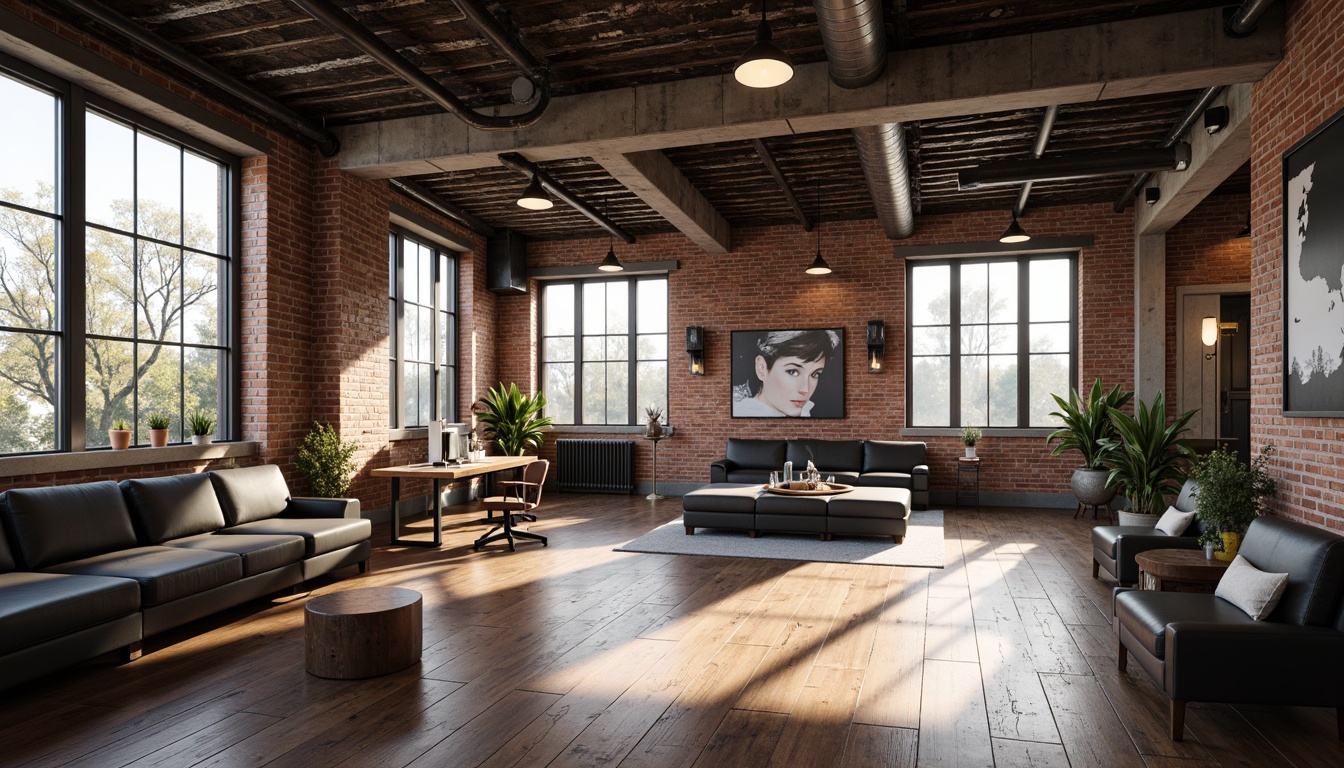 Prompt: Exposed brick walls, metal beams, reclaimed wood flooring, industrial-style lighting fixtures, urban loft atmosphere, converted warehouse space, distressed finishes, functional pipes and ducts, concrete columns, steel windows, modern minimalist decor, edgy contemporary art pieces, neutral color palette, high ceilings, open floor plan, natural light pouring in, atmospheric shadows, 1/1 composition, dramatic spotlighting.