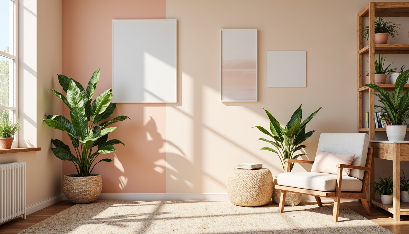 Prompt: Vibrant pastel colors, soft peach tones, creamy whites, light grays, muted blues, warm beiges, natural textures, rustic wood accents, woven fabrics, potted greenery, airy atmosphere, plenty of negative space, 1/2 composition, gentle warm lighting, shallow depth of field, realistic renderings.