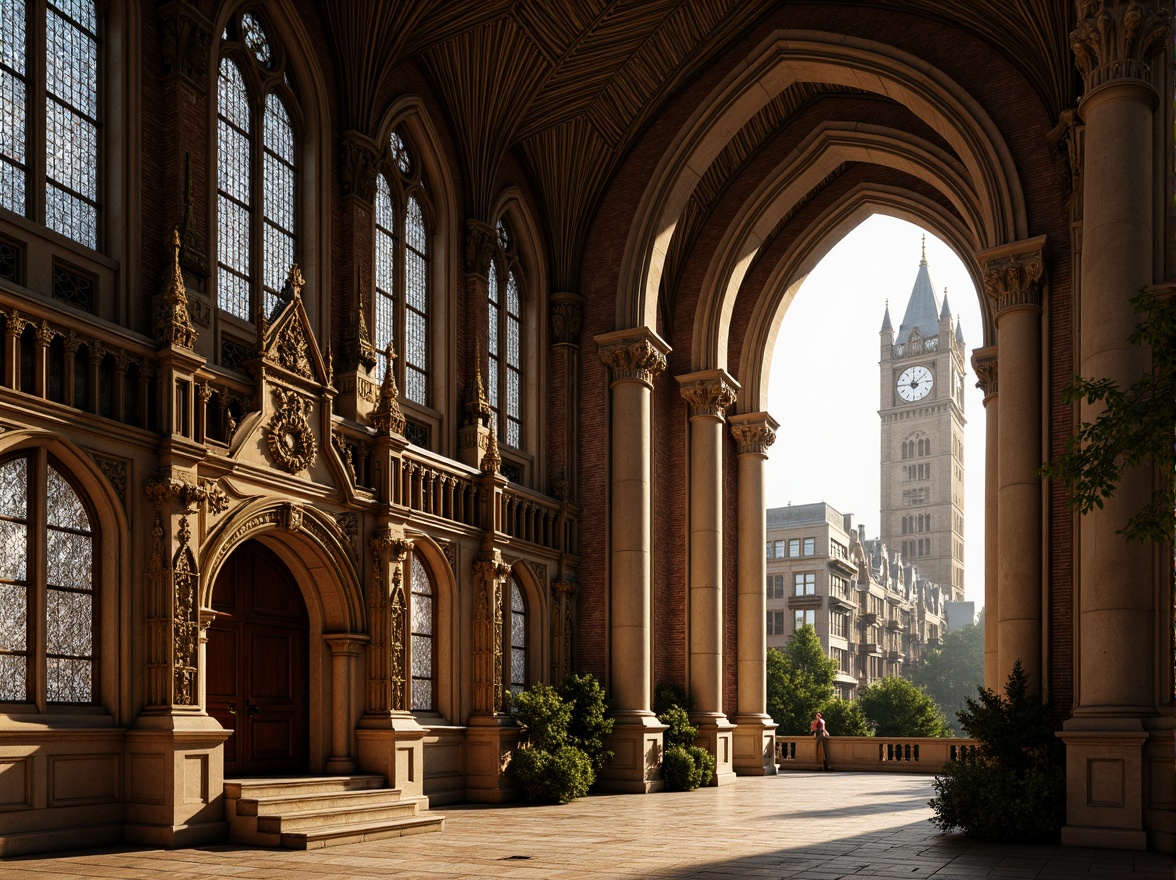 Prompt: Intricate Gothic Revival fa\u00e7ade, ornate stone carvings, grand entrance archways, stained glass windows, ribbed vaulted ceilings, majestic clock towers, rustic brick walls, ivy-covered buildings, warm golden lighting, dramatic shadows, 1/1 composition, high contrast ratio, realistic textures, ambient occlusion.