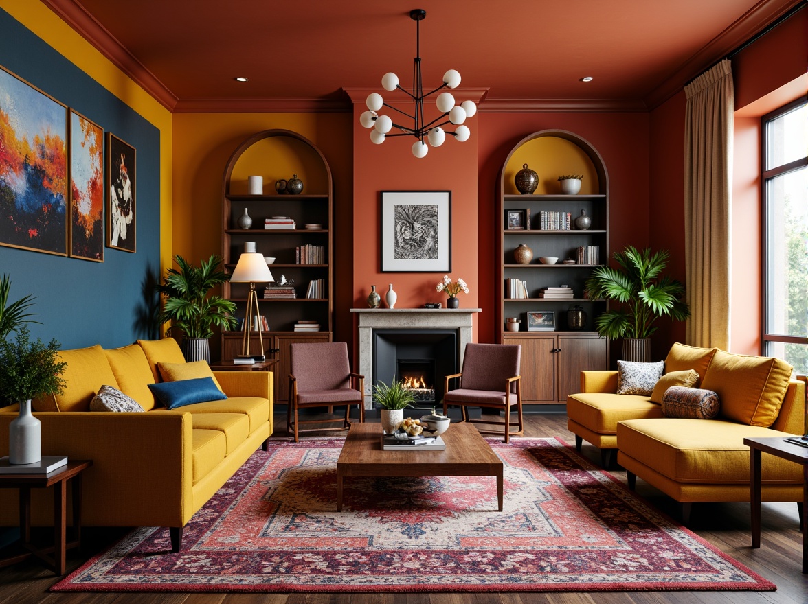 Prompt: Vibrant living room, eclectic furniture pieces, bold color schemes, textured rugs, statement lighting fixtures, ornate mirrors, plush sofas, abstract artwork, modern coffee tables, sleek side tables, decorative vases, lush greenery, natural wood accents, minimalist shelves, cozy reading nooks, warm ambient lighting, shallow depth of field, 1/1 composition, realistic textures, soft focus effect.