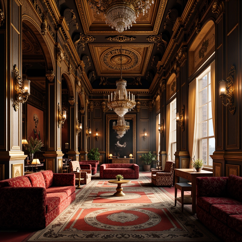 Prompt: Ornate palace, lavish furnishings, intricately carved wooden frames, gilded accents, luxurious velvet fabrics, ornamental patterns, majestic chandeliers, grandiose scale, rich jewel-toned colors, opulent textures, regal atmosphere, dramatic lighting, intense shadows, Renaissance-inspired designs, curved silhouettes, sculptural details, antique finishes, lavish upholstery, aristocratic ambiance.