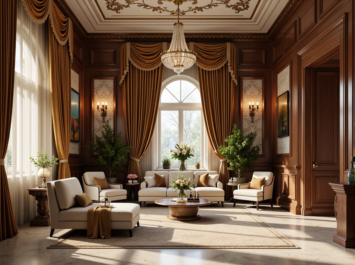 Prompt: Luxurious velvet drapes, ornate gold embroidery, rich walnut wood accents, soft cream-colored marble floors, elegant crystal chandeliers, sophisticated neutral color palette, plush area rugs, refined antique furniture pieces, intricate moldings, ornamental ceiling medallions, lavish silk fabrics, subtle patterned wallpapers, warm bronze metal fixtures, cozy reading nooks, dramatic floor-to-ceiling curtains, classic 3/4 composition, softbox lighting, cinematic shading, realistic textures.