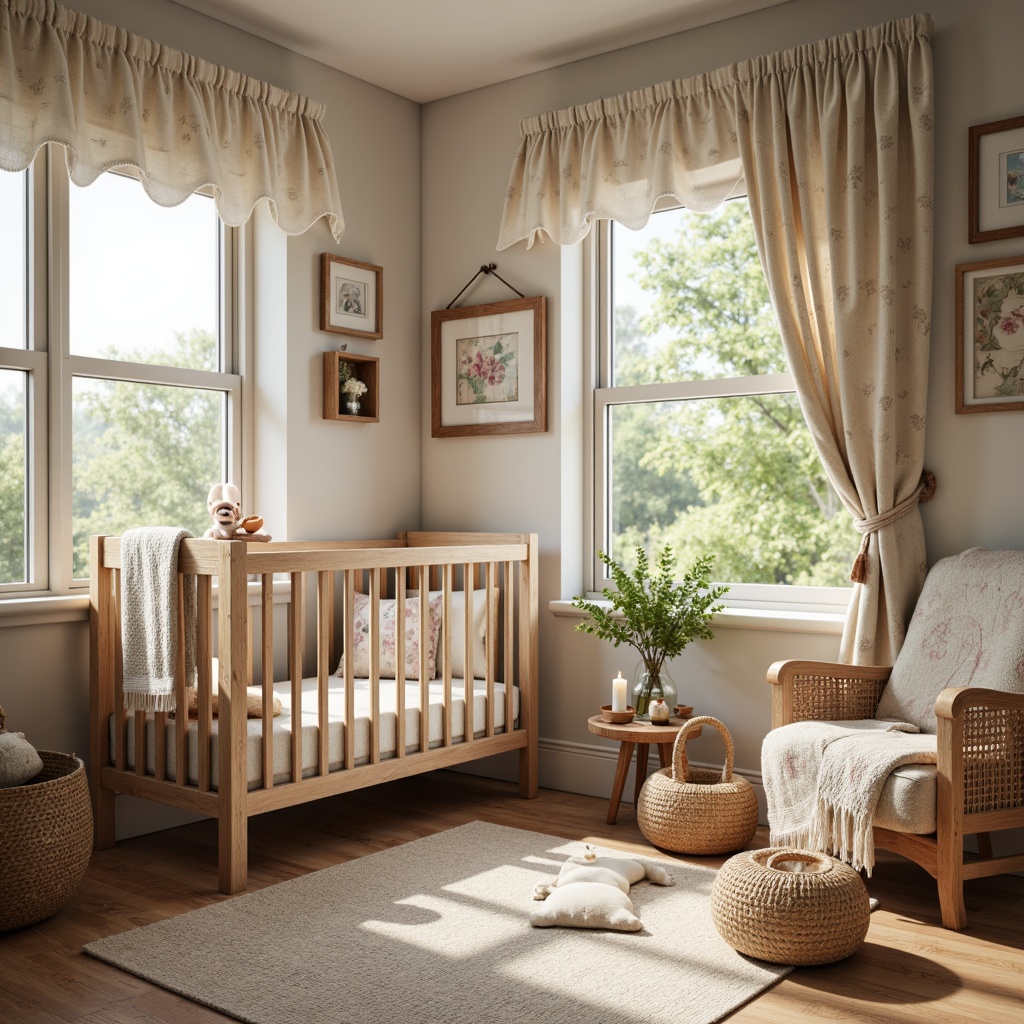 Prompt: Whimsical baby nursery, vintage farmhouse decor, soft pastel colors, distressed wood furniture, plush toys, floral patterns, ruffled curtains, natural linen fabrics, woven baskets, country-inspired wallpaper, rustic wooden accents, warm candlelight, cozy reading nook, nature-inspired artwork, gentle color palette, 1/2 composition, shallow depth of field, soft focus effect.