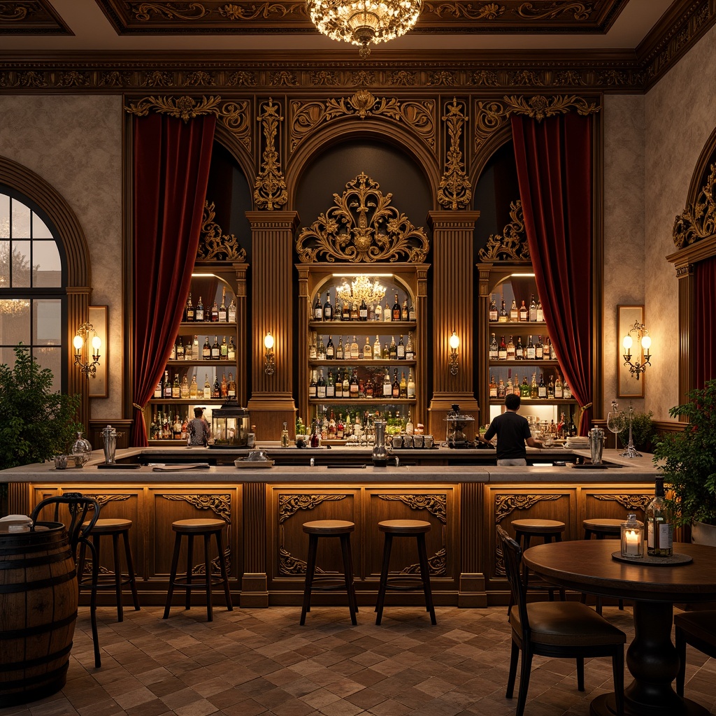 Prompt: Ornate bar counter, intricately carved wooden panels, gilded accents, rich velvet drapes, ornamental columns, grand chandeliers, warm golden lighting, luxurious marble countertops, antique bronze fixtures, vintage wine barrels, distressed leather stools, classic Renaissance arches, rustic stone walls, subtle texture overlays, dramatic low-key lighting, 2/3 composition, atmospheric depth of field.