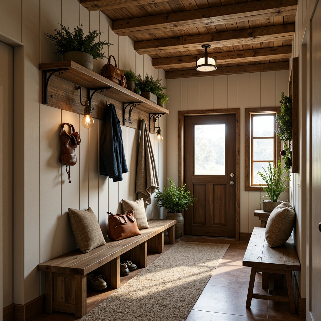 Prompt: Rustic mudroom, natural earth tones, warm beige walls, rich wood accents, weathered metal decor, distressed leather furniture, earthy brown floors, moss greenery, industrial metal shelving, reclaimed wood benches, vintage outdoor gear, cozy textiles, soft warm lighting, shallow depth of field, 2/3 composition, realistic textures, ambient occlusion.