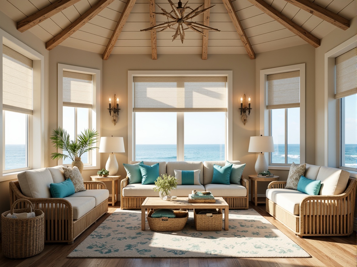 Prompt: Soft warm beachy lighting, coastal-themed decorative fixtures, driftwood-inspired chandeliers, nautical rope details, shell-shaped sconces, ocean-blue glass pendant lights, whitewashed wood accents, natural fiber rugs, woven sea grass baskets, distressed wood furniture, coral-patterned textiles, calming aqua hues, refreshing sea breeze ambiance, large windows with ocean views, sheer white curtains, warm beige walls, cozy reading nooks, layered table lamps, soft box pleat shades, 1/2 composition, warm golden lighting, subtle texture overlays.