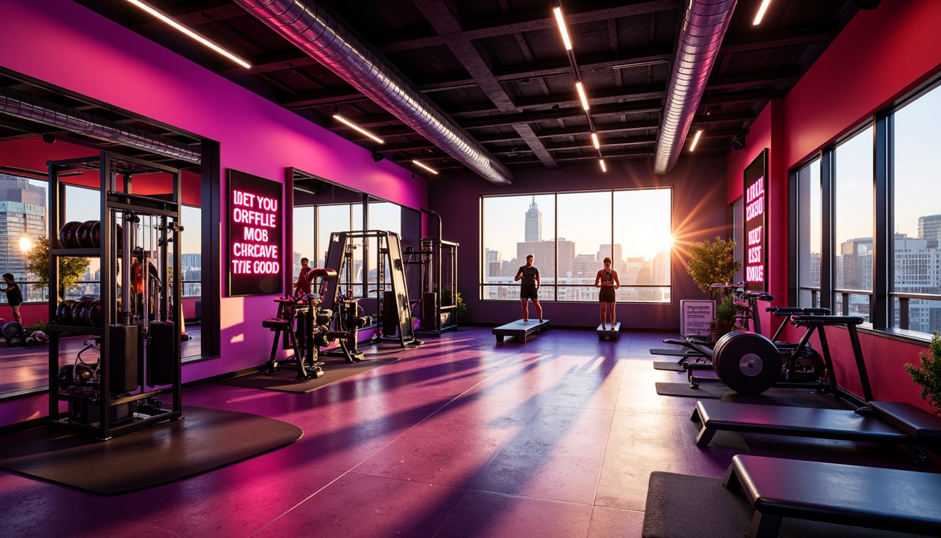 Prompt: Energetic fitness studio, bold color scheme, neon accents, motivational quotes, modern exercise equipment, sleek metal frames, rubber flooring, mirrored walls, dynamic lighting, high-contrast shadows, shallow depth of field, 1/1 composition, realistic textures, ambient occlusion, urban cityscape, morning sunlight, soft warm glow.