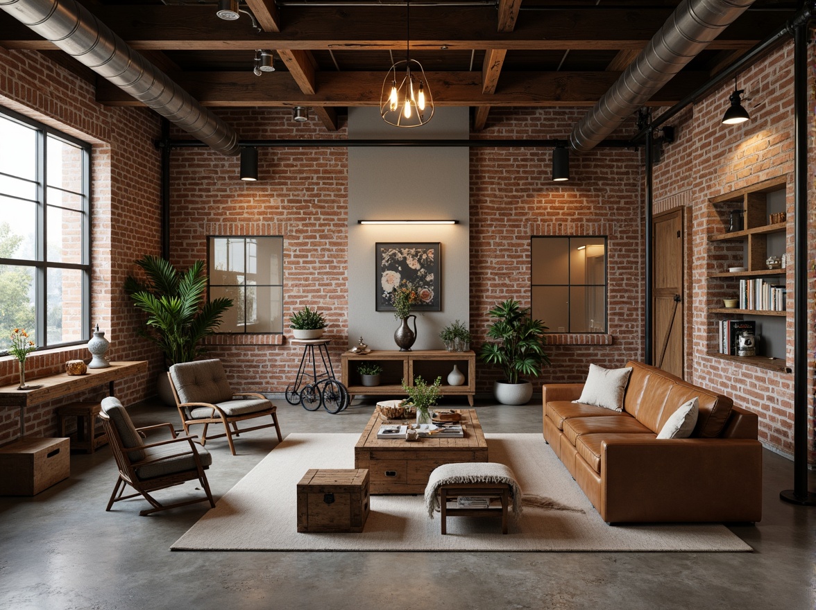 Prompt: Exposed brick walls, metal beams, reclaimed wood accents, industrial-chic lighting fixtures, distressed leather sofas, metal frame chairs, wooden crates, vintage factory carts, rustic coffee tables, Edison bulb pendant lights, concrete floors, urban loft atmosphere, neutral color palette, functional decor, minimalist arrangement, natural textiles, architectural details, open space layout, eclectic mix of antique and modern pieces, warm industrial ambiance.