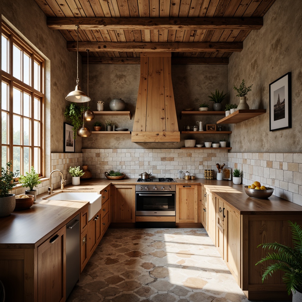 Prompt: Rustic kitchen, natural stone backsplash, earthy tones, wooden cabinetry, exposed beams, pendant lighting, farmhouse sink, ceramic tiles, hexagonal patterns, white subway tiles, glass accents, soft warm lighting, 3/4 composition, shallow depth of field, realistic textures, ambient occlusion.Please let me know if this meets your requirements!