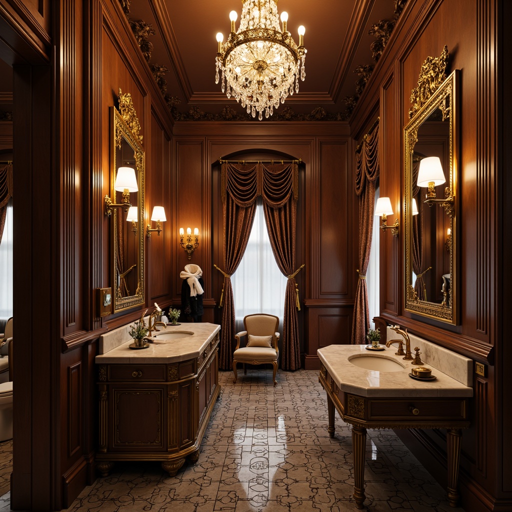 Prompt: Ornate powder room, classicist architecture, lavish furnishings, intricately carved wooden panels, ornamental mirrors, crystal chandeliers, velvet drapes, marble countertops, antique furniture pieces, gilded frames, soft warm lighting, shallow depth of field, 1/1 composition, intimate atmosphere, subtle textures, realistic reflections.