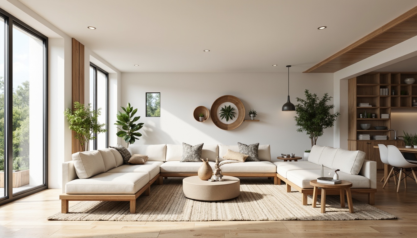 Prompt: Minimalist Scandinavian interior, open-plan living space, airy atmosphere, natural light, wooden floors, white walls, clean lines, functional furniture, sectional sofas, geometric patterns, woven textiles, indoor plants, industrial chic lighting, metal accents, floor-to-ceiling windows, sliding glass doors, cozy reading nooks, built-in shelving, organic shapes, soft color palette, warm beige tones, creamy whites, subtle contrasts, 3/4 composition, shallow depth of field, realistic textures, ambient occlusion.