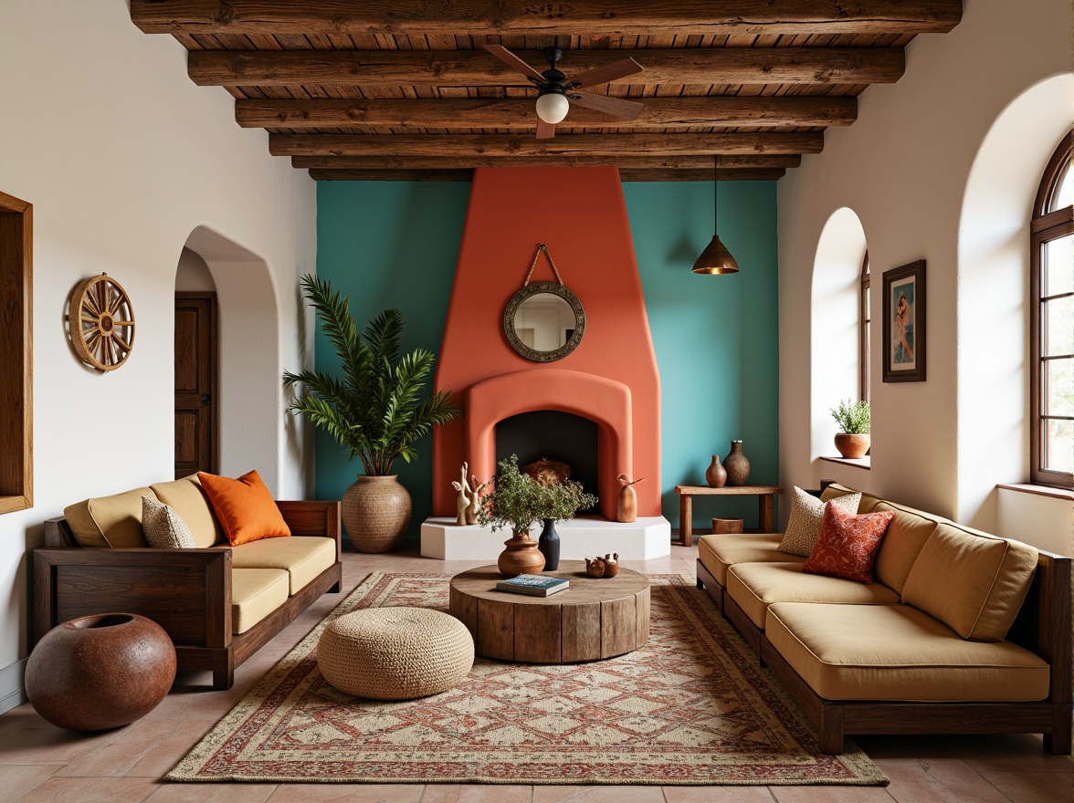 Prompt: Vibrant turquoise accents, earthy terracotta hues, warm sandy beige tones, rich walnut wood furniture, distressed leather upholstery, woven natural fibers, rustic metal decor, geometric patterned textiles, bold red and orange statement pieces, creamy white adobe-inspired walls, weathered wooden beams, soft warm lighting, ambient shadows, 1/1 composition, realistic textures, subtle color gradients.