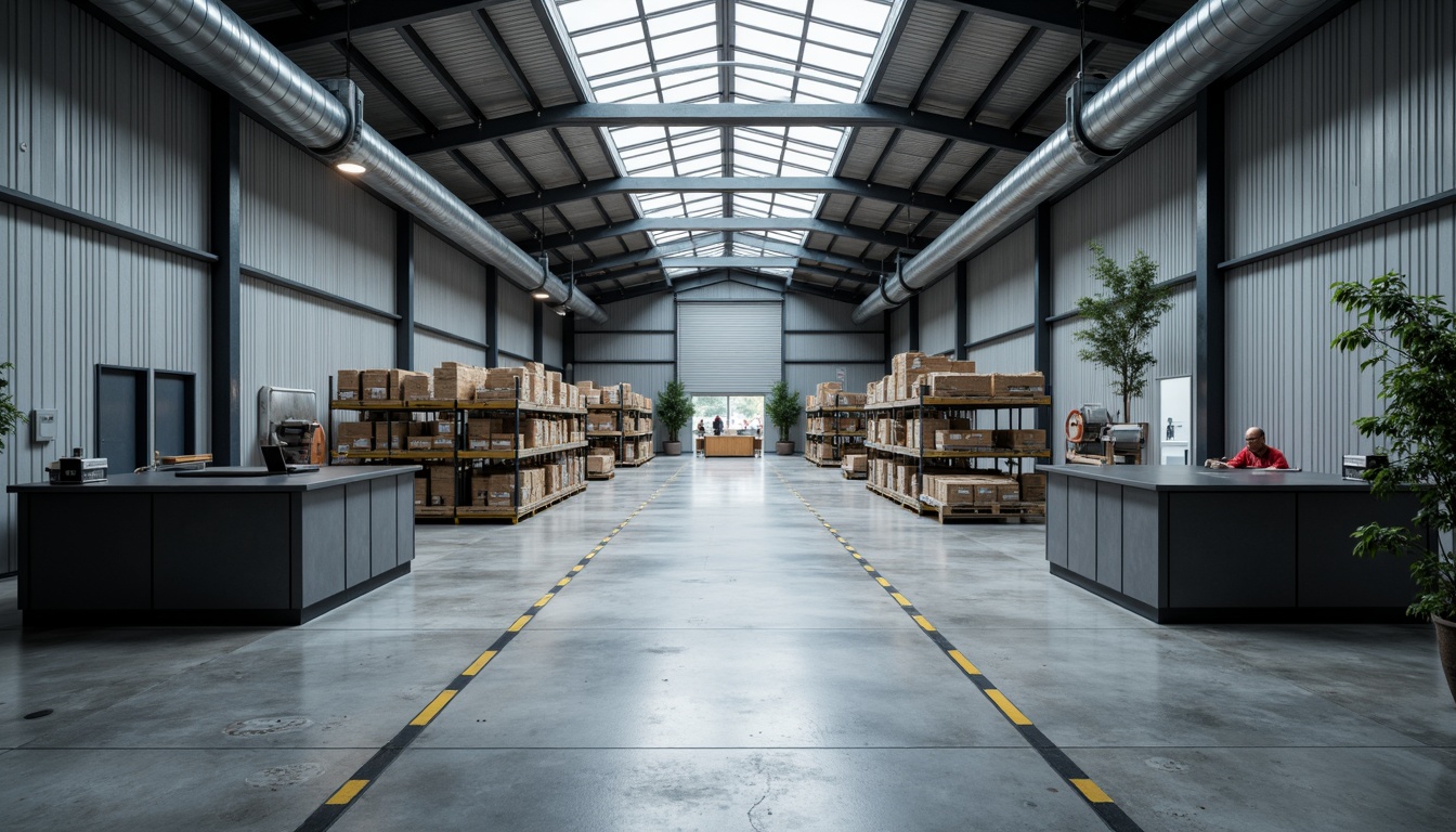 Prompt: Industrial-style distribution center interior, exposed ductwork, polished concrete floors, metal beams, corrugated metal walls, matte black machinery, stainless steel shelving units, epoxy resin-coated workstations, durable polyurethane floor coatings, functional overhead lighting, minimalist decor, utilitarian aesthetic, open layout, high ceilings, natural light filtering through skylights, subtle gradient color scheme, 1/1 composition, softbox lighting, realistic reflections.